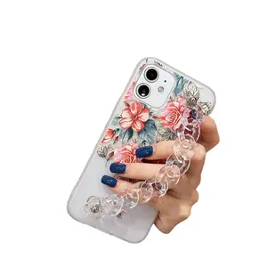 Girlish Fashion Flower Mobile Phone Case Cover Transparent TPU Plastic Chain Mobile Pouches Back Covers For Iphone Samsung