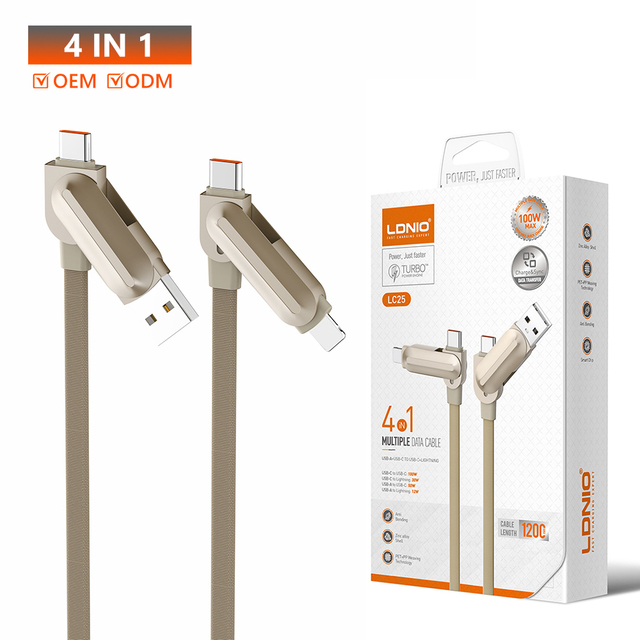 LDNIO LC25 4-in-1 USB-C/USB-A to USB-C/Lighting Cable 100W Fast Charging Braided Data Cable