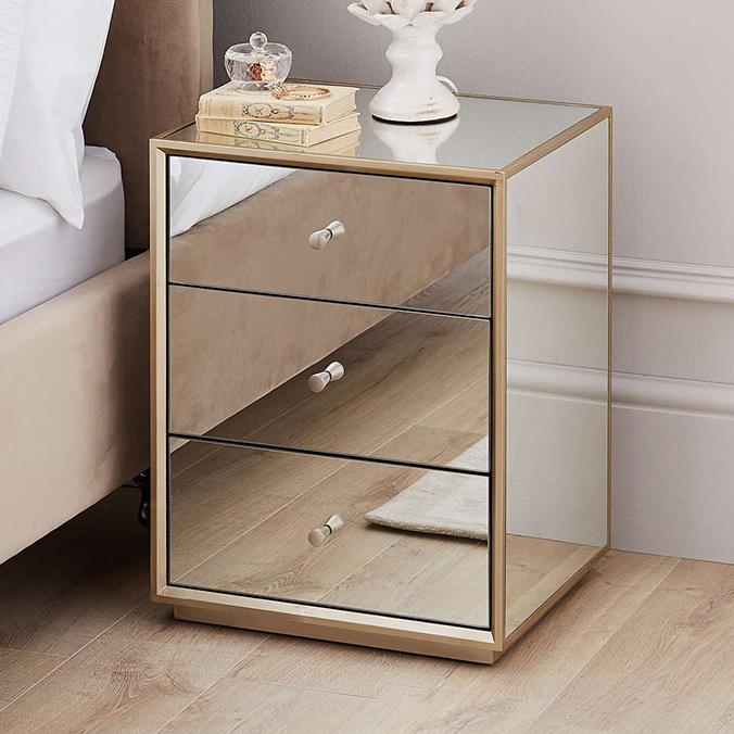 Champaign gold 3 drawers mirrored bedroom furniture bedside table
