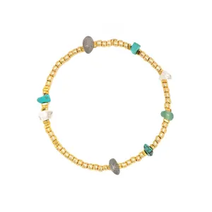 Gold Bead & Stone Chip Stretch Bracelet labradorite moss agate turquoise stones bracelet