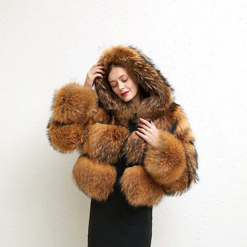 Custom Thick Warm Raccoon Fur Coat for Women - Hooded Cropped
