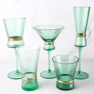 Handmade Lead Free Crystal Long Stem Luxury Ribbed Green Gold Color Wine Glass Champagne Martini Whisky Glass