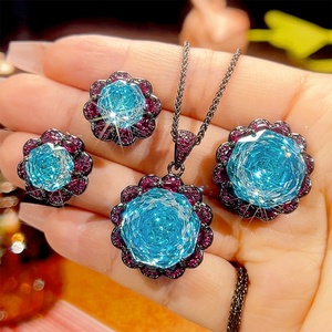 Wholesale Eco-friendly Copper Black Gold Plated 16-10MM Sea Blue Zircon Necklace Earrings <b>Ring</b> <b>Woman</b> Jewelry <b>Set</b> Bridal - Product Image 3