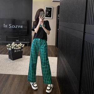 Stylish Women's Two Piece Set Loose Plaid Pants Short Sleeve Top Summer Casual Outfit Black Polyester Oxford Fabric - Product Image 4