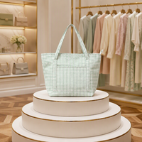 Sac à main matelassé en gingham doux avec poche avant, sac fourre-tout léger en tissu écossais Vichy pour le shopping