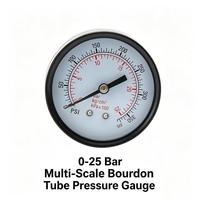 0-25Bar Bourdon Tube Air Pressure Gauge Back Connection Brass Thread Black Steel Case Glass Window 1.6% Accuracy Customizable