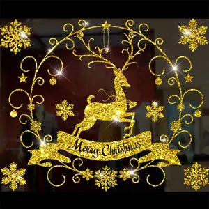 ゴールドカラークリスマススタティックウィンドウステッカークリスマスデコレーションゴールデンガラスウィンドウ壁紙サンタクロースウォールステッカー