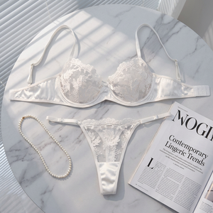 Women's White Floral Embroidery Sheer Mesh Bra and Thong <b>Set</b> 2 Piece Underwire Lace Intimates Lingerie <b>Set</b> <b>Sexy</b> Bra <b>Set</b> OEM ODM - Product Image 1