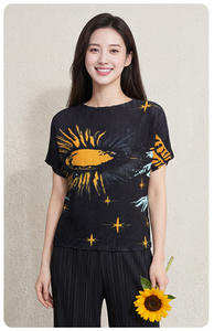 PY Casual Sky Print Pleated Top Women Fashion T-shirt Elegant Stand Collar Short Sleeve Loose Breathable Blouse Bulk Clothing - Product Image 3