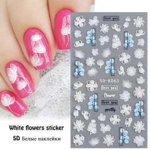 Adesivi per unghie in acrilico 5d cursori di fiori bianchi incisi pizzo goffrato matrimonio Nail Art Designer monogramma decalcomanie Manicure