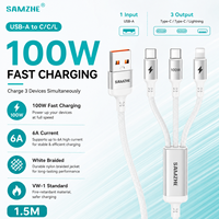 SAMZHE Cable de Carga Rápida Trenzado Blanco de 1.5m, 3 en 1, Tipo-C PD100W 6A, USB-C a C/C/L para iPhone 15/16/17, Carplay y Android