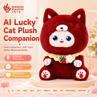 Peluche chat rouge foncé AI, assis, qui bouge la queue, collier fraise marguerite, visage ABS, clonage vocal, 50+ langues, mémoire longue durée