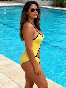 Costume da bagno intero sexy da donna, novità 2026, bestseller - Giallo vivace con bordo a contrasto nero, bikini da spiaggia da donna - Product Image 3