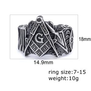 Bague maçonnique vintage bijoux en acier inoxydable Religion dos solide franc-maçon chevalière anneaux pour hommes cadeau - Product Image 5