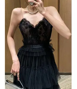 Black Lace Wrapped Chest Decal High Waist Translucent Net Gauze Pommel Skirt Sexy Thin Long Elegant Plus Size Women's Dresses