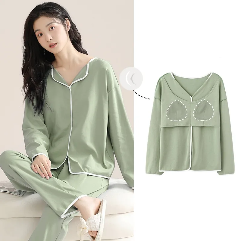 Pyjamas With Breast Pad Women Autumn 100% Cotton Long Sleeve Trousers Advanced Simple Cover Head Anti-convex Point Home Wear Set
