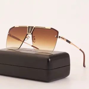 Hbk Mode Nieuwe Heren Vierkante Zonnebril Luxe Merk Ontwerp Outdoor Rijden Eyewear Oversized Metalen Goud Thee UV400 Bescherming