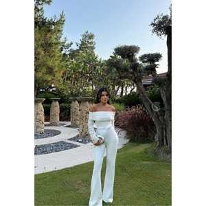 White Floral <b>Jumpsuit</b> with Gathered Sleeves High Waist <b>Bodycon</b> Bodysuit for Summer and Autumn Fitness One Piece Minimum - Product Image 5