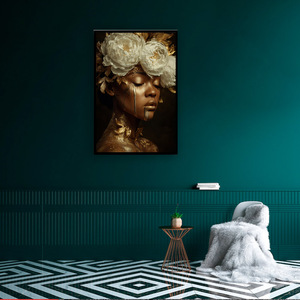 Impression sur toile Femme noire avec couronne de fleurs blanches, Œuvre d'art dorée, Affiche murale Glamour Femme Afro-américaine pour Décoration de Maison de Luxe - Product Image 5