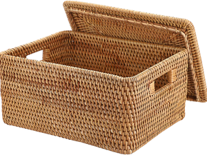Boîte de rangement décorative en rotin tressé à la main avec couvercle à charnières et poignées pour l'organisation des placards à la maison - Product Image 1