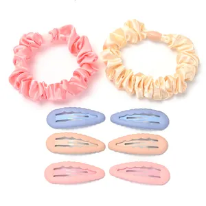 8pcs/set wholesale custom luxury elastic band women's girls solid color satin hairpin scrunchie set hairbands