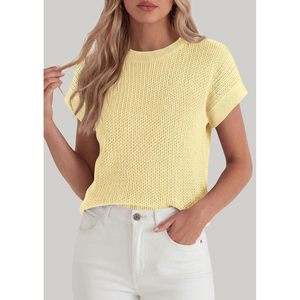 Chaleco de punto para mujer, top de ganchillo transpirable con manga casquillo, atuendo de verano, amarillo claro, ropa casual - Product Image 2