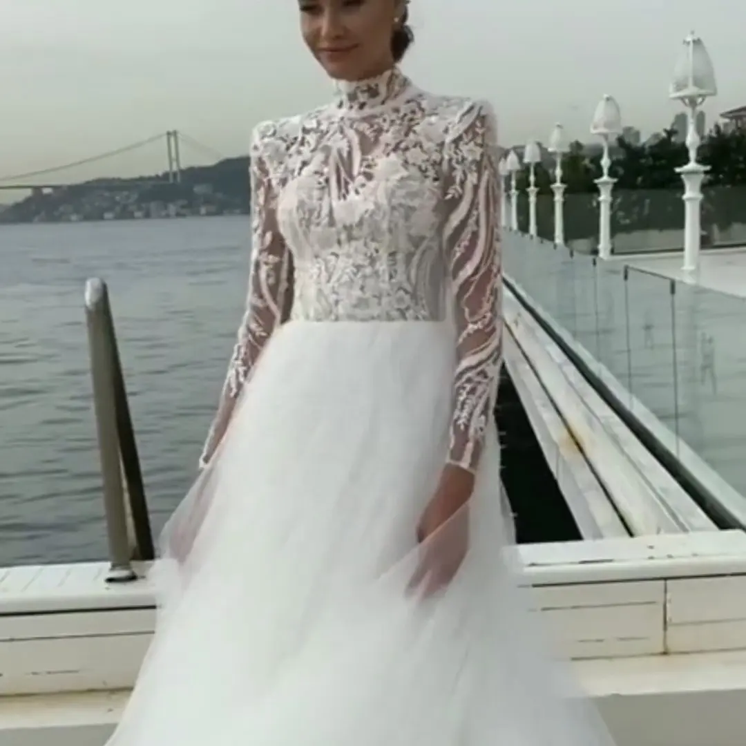 Custom Sexy Lace Illusion A-Line Wedding Dresses Simple Elegant Full Sleeves Floor Length Fashion New Arrival Bridal Gowns