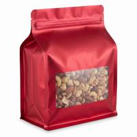 Sachet refermable mat coloré à fond plat avec fermeture éclair et fenêtre, imprimé sur mesure pour noix, café, snacks, OEM
