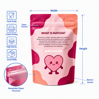 Sachet d'emballage de poudre de matcha avec logo personnalisé, motif cœur de dessin animé, pochette mate autoportante de qualité alimentaire refermable avec fermeture éclair, vente en gros