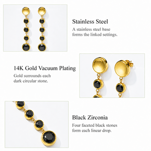 Boucles d'oreilles pendantes linéaires en zircone noire, acier inoxydable plaqué or 14 carats sous vide, bijoux à pierre ronde, 65 mm - Product Image 3