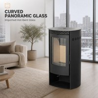 Poêle à bois autoportant haut de gamme avec grande fenêtre incurvée et base de rangement pour bois de chauffage, idéal pour le chauffage hivernal des maisons familiales