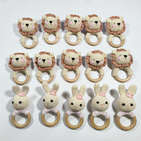 Hochet en bois et coton au crochet fait main, jouet pour bébé, motifs Lion, Lapin, Panda, Dinosaure, Éléphant, Ours, anneau de dentition en bois de hêtre tricoté