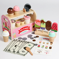 Juego de simulación de heladería rosa para niñas, juguete de madera con cuchara, menú y dinero para niños pequeños