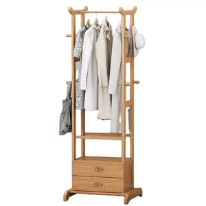 Bamboo Freestanding Garment Rack Coat Clothes Hanging Rail with 2 Drawers
