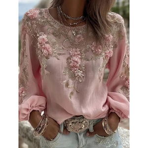 Vente directe usine : Blouse vintage <span class=keywords><strong>bohème</strong></span> personnalisée - Imprimé 3D, grande taille, col rond, manches évasées amples - Product Image 1