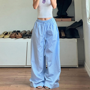Pantalon décontracté d'automne à taille basse, style vintage décontracté, design rayé, ample, amincissant, à lacets, fille branchée, tricot large - Product Image 3