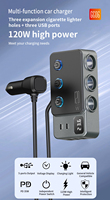 Adaptador de Coche 120W con 3 Tomas de Cigarrillos, 5 USB PD36W, Carga Rápida USB-C 8 en 1, Cable de 3.3FT y Monitor de Voltaje para RVs y Coches