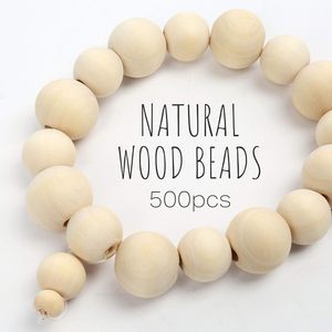 Perles en bois, 500pcs 6 tailles de perles en bois naturel non finies pour l'artisanat, boules rondes en bois pré-percées pour guirlande macramé - Product Image 4
