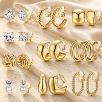 10 Pasang Set Anting Jepit Emas Perak Alloy untuk Wanita, Kristal Mutiara Campuran, Anting Hoop Tebal Tanpa Tindik, Perhiasan Grosir