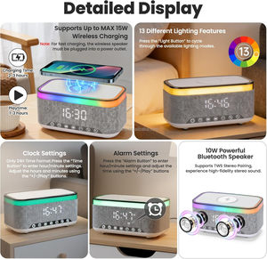 Réveil numérique BT avec haut-parleur, veilleuse à intensité variable 13 couleurs, charge sans fil 15W, bruit blanc, radio FM, USB/AUX - Product Image 2