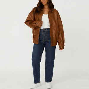 Women's Brown PU Leather Bomber Jacket Full Sleeve <b>Zipper</b> Closure Stand Collar Waterproof Polyester Wadding Autumn Style - Product Image 1