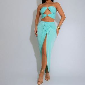 Summer New Hollow Backless Bustier Top High Waist Solid Color <b>Split</b> Half-body <b>Skirt</b> Women's 2-piece Set Fashion - Product Image 5