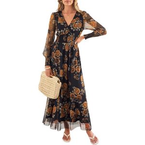 Robe longue florale pour femme, col en V, manches longues bouffantes, coupe trapèze, taille empire en tulle, élégante robe de cocktail - Product Image 1