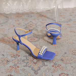Zapatos de Tacón Alto Stiletto con Correa en el Tobillo y Decoración de Perlas, de Cuero Genuino Negro, Punta Cuadrada, para Mujer, Moda de Verano - Product Image 3