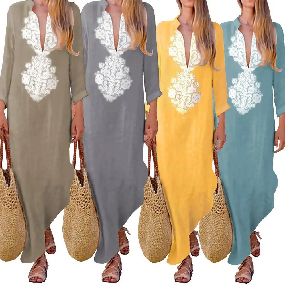 Gaun Maxi kasual wanita, gaun longgar lengan panjang sulaman Linen katun cetak Vintage gaya Boho