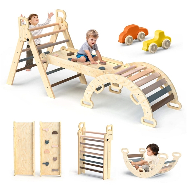 Pikler Triangle Set 7in1 Foldable Baby Climbing Toys Wooden Montessori Climbing Set with Arch&Ramp&Ladder Baby Indoor Gyms