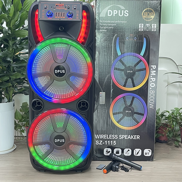 SZ-1115 Powerful Dual 15 Inch Outdoor Super Bass Trolley BT Party Speaker with Mic RGB Light DJ Wireless Active Karaoke Speaker