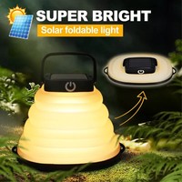 Lanterne de camping LED d'extérieur en promotion, alimentée par énergie solaire, rechargeable par USB, étanche IP67, pliable, lampe de secours avec crochet