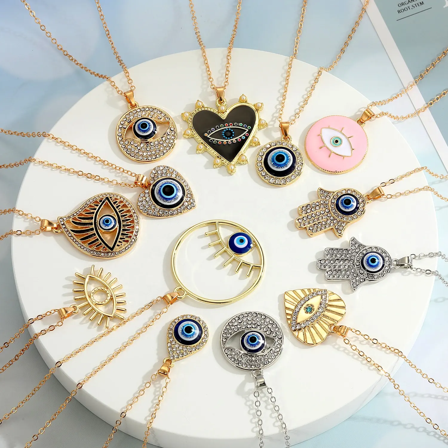 Wholesale Bulk Gold Silver Plated Charm Heart Hasma Fatima Hands Pendant Woman Crystal Blue Turkish Evil Eye Necklace Jewelry