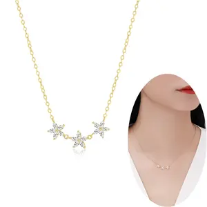 Wholesale Dainty 14K Gold Plated 925 Silver Three Flower Pendant Necklace Cubic Zirconia Cable Link Chain Choker Necklaces Woman